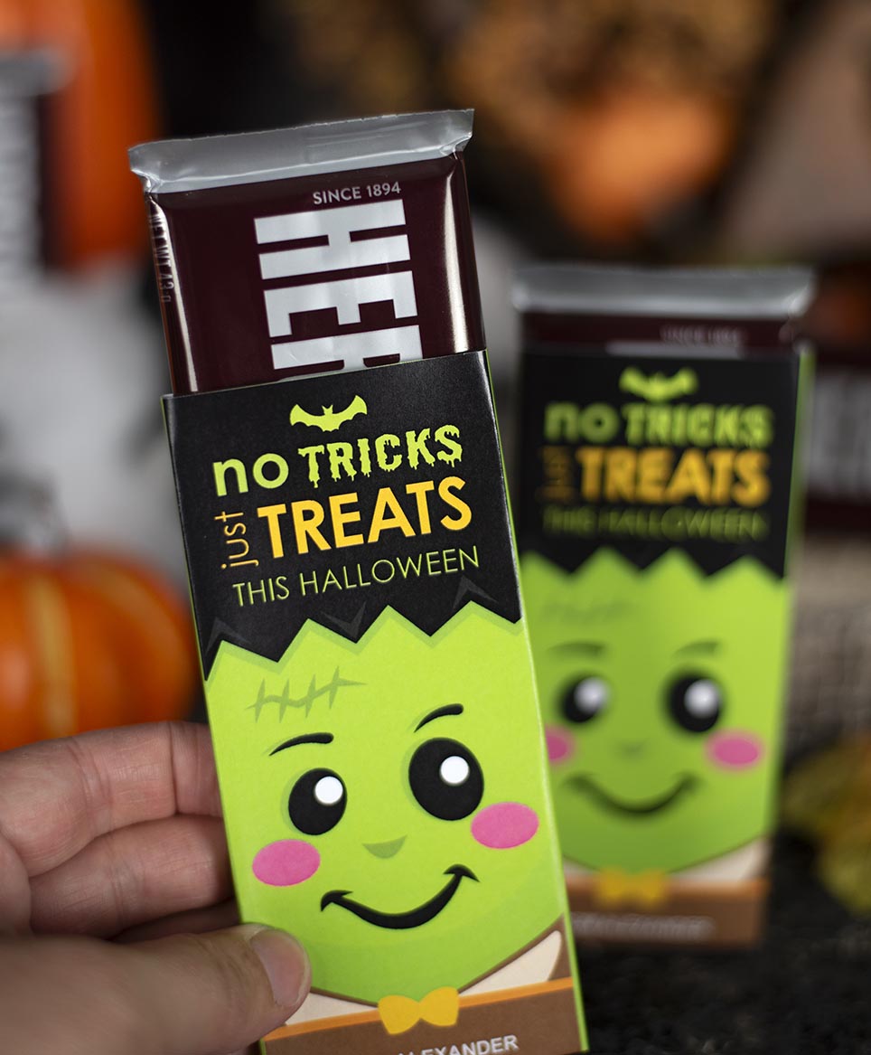 halloween candy bar wrapper shown with hershey chocolate bar